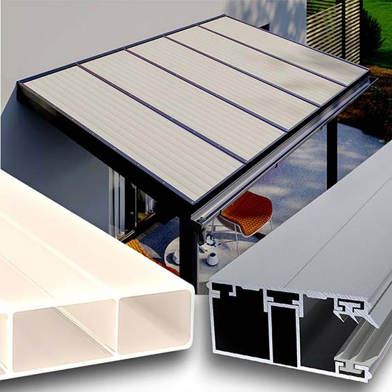 Dachhaut einer Terrassenüberdachung aus HIGHLUX® 16mm Doppelstegplatte aus Acrylglas Suntop Sky und Alu-Stegplattenprofil