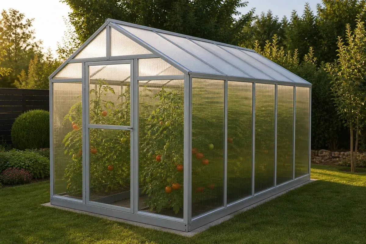 Gewächshausplatten einbauen — Stärke, Zuschnitt, Klammern HausgartenGewächshaus mit Aluminiumrahmen und transparenten Hohlkammerplatten, innen Tomatenpflanzen