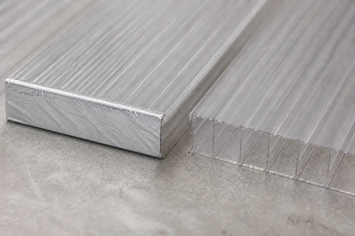 Gewächshausplatten einbauen — Stärke, Zuschnitt, Klammern Zwei Hohlkammerplatten nebeneinander: links die Kante mit AluminiumDichtband verschlossen, rechts die offenen Kammern sichtbar