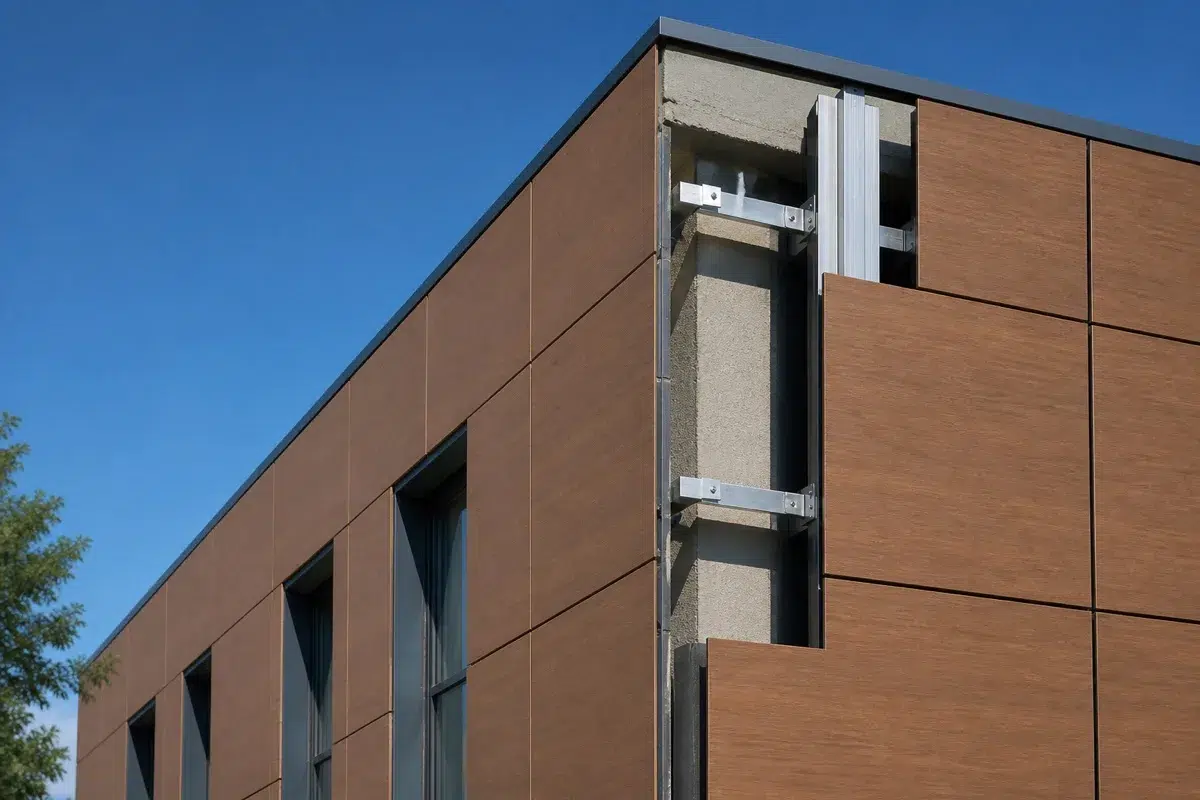 HPL Verlegeanleitung — KomplettLeitfaden für Fassade & Balkon Fertige HPLFassade in Holzdekor, an der Gebäudeecke ist der Aufbau sichtbar: Wand, AluminiumUnterkonstruktion, Luftspalt, Platte