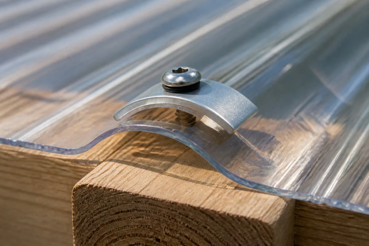 Wellplatten verlegen — Sinus 76/18 & Trapez 70/18 Befestigungspunkt auf einer transparenten Wellplatte: Schraube mit Dichtscheibe sitzt auf dem Wellenberg, darunter eine gewölbte Aluminium-Kalotte