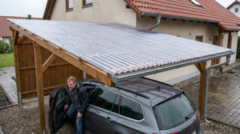 Mann steigt unter einem Carport mit klaren Wellplatten aus dem Auto (Symbolbild)