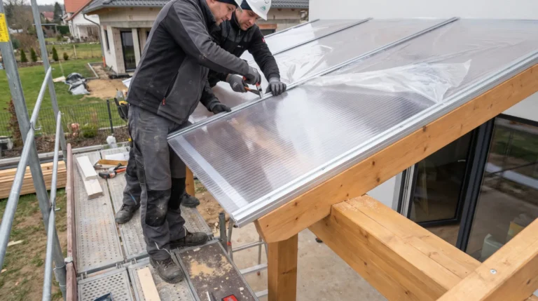 Zwei Handwerker verlegen eine klare Stegplatte auf dem Terrassendach (Symbolbild)