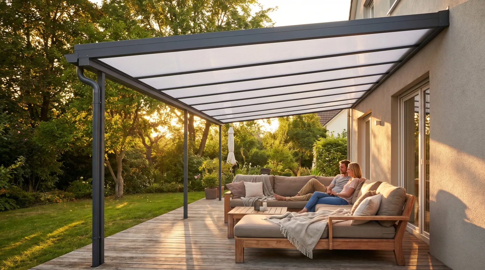 Welche Doppelstegplatten für die Terrassenüberdachung? Paar entspannt abends unter einem Terrassendach mit opalen Doppelstegplatten (Symbolbild)