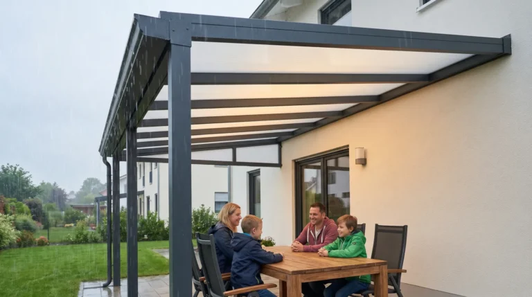 Familie sitzt bei Regen trocken unter einem Terrassendach am Haus (Symbolbild)