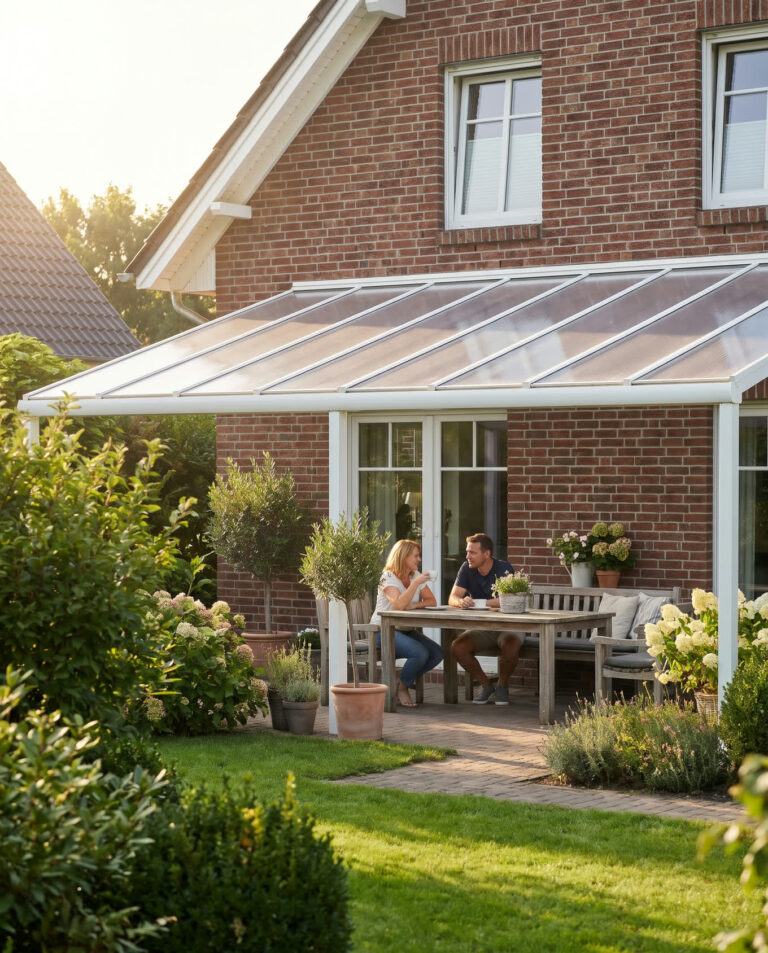 Terrassendach mit Stegplatten aus Polycarbonat an einem Klinkerhaus, darunter sitzt ein Paar beim Kaffee (Symbolbild)