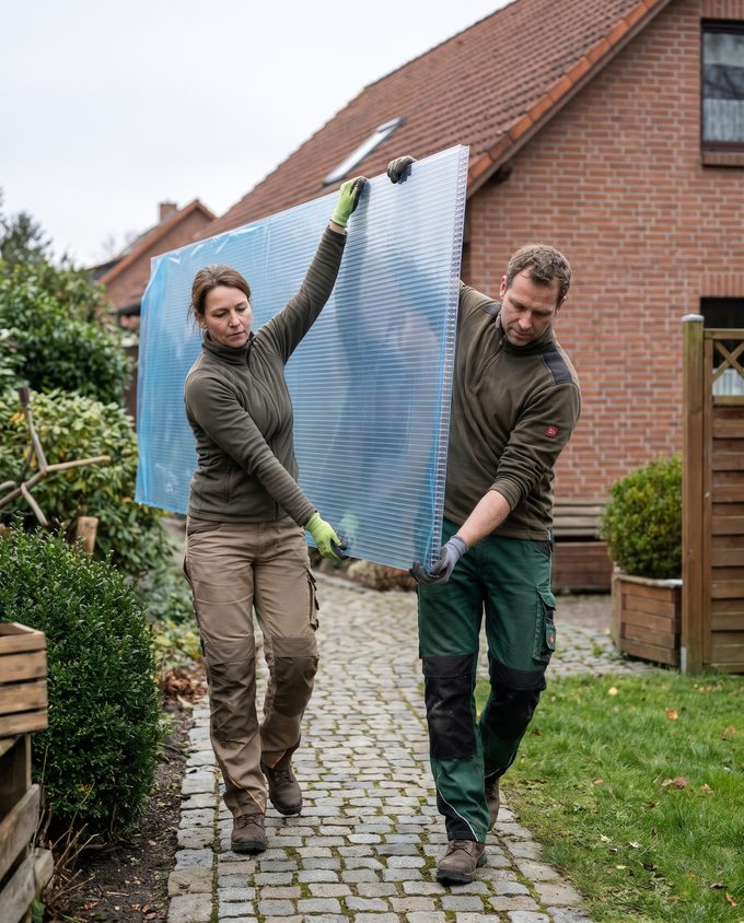 Zwei Personen tragen eine lange Stegplatte hochkant durch den Garten